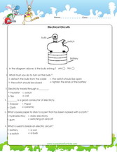 Electrical circuits, learn about the different terminals of a battery, the role of a switch and how a circuit functions. This is a 6th grade activity sheet for students. 