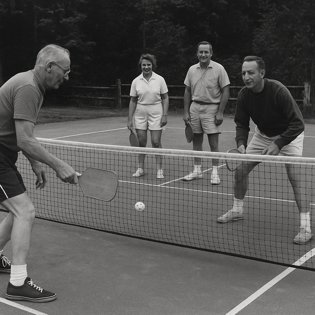 Historical photo of early pickleball players on Bainbridge Island