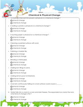 chemical and physical changes examples, science for kids worksheet.