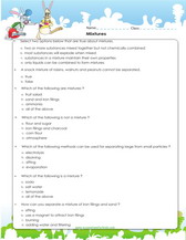 science worksheet on mixtures 4th grade