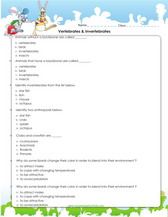 vertebrates and invertebrates on this activity worksheet