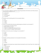 Ecosystem activity worksheet for kids in fourth grade, pdf printable
